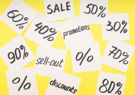 cartão amarelo com palavras escritas, como promoção, desconto e etc.