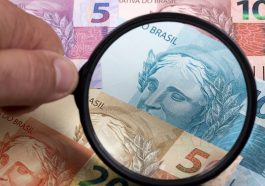 lupa sob notas de dinheiro falsas