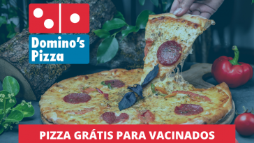 imagem de pizza sendo cortada ao fundo e a frente logo da empresa Domino's, simbolizando a promoção pizza grátis Domino's para brasileiros vacinados