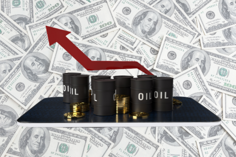 fundo de dólar e destacado a frente barris de petróleo com seta vermelha crescente, simulando os novos reajustes da Petrobras no preço do diesel, gasolina e gás de cozinha