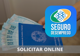 imagem ao fundo de carteira de trabalho com notas de cem reais dentro. A frente a logotipo do seguro desemprego e a frase "Solicitar online"