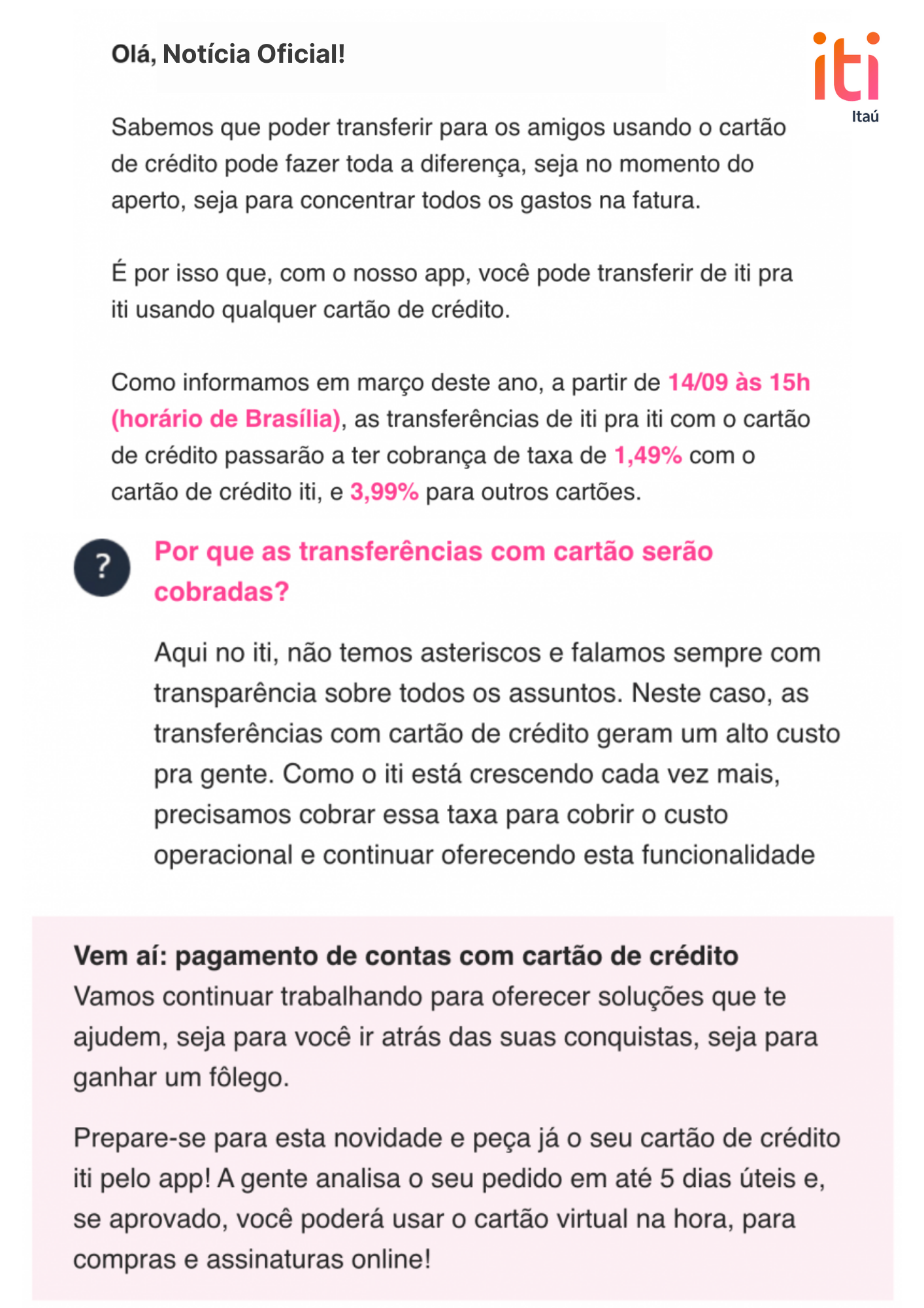 E-mail enviado pelo iti Itaú sobre taxas nos pagamentos com cartão de crédito