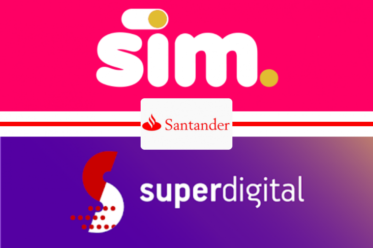 Logomarcas da Sim empréstimos online e Superdigital, as duas fintechs do Santander