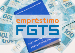 notas de cem reais espalhadas na mesa e uma carteira de trabalho em cima, com o dizer empréstimo FGTS