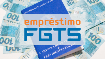 notas de cem reais espalhadas na mesa e uma carteira de trabalho em cima, com o dizer empréstimo FGTS