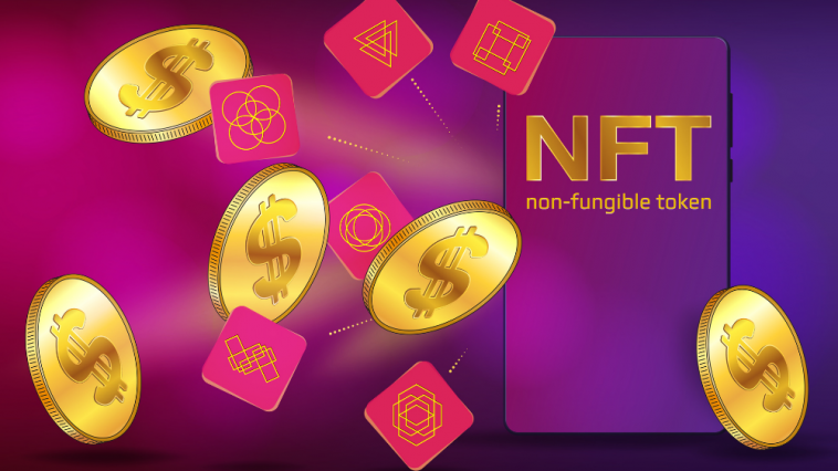 Tokens exclusivos e moedas de ouro de dólares americanos voam de seus celulares NFT