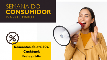 mulher com megafone na mão ao lado de texto escrito sobre semana do consumidor