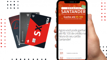 mão segurando celular com a página da promoção Desafio Santander