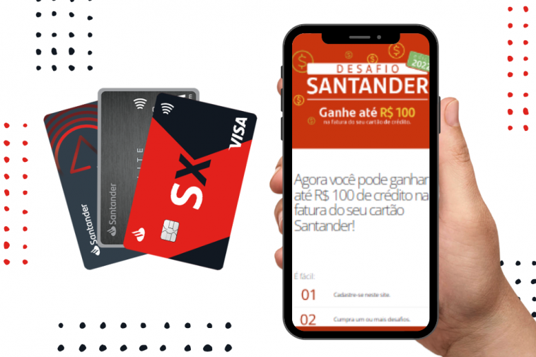 mão segurando celular com a página da promoção Desafio Santander