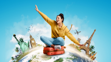 menina sentada em uma mala e ao redor vários pontos turísticos, simbolizando as promoções para Dia Mundial do Turismo